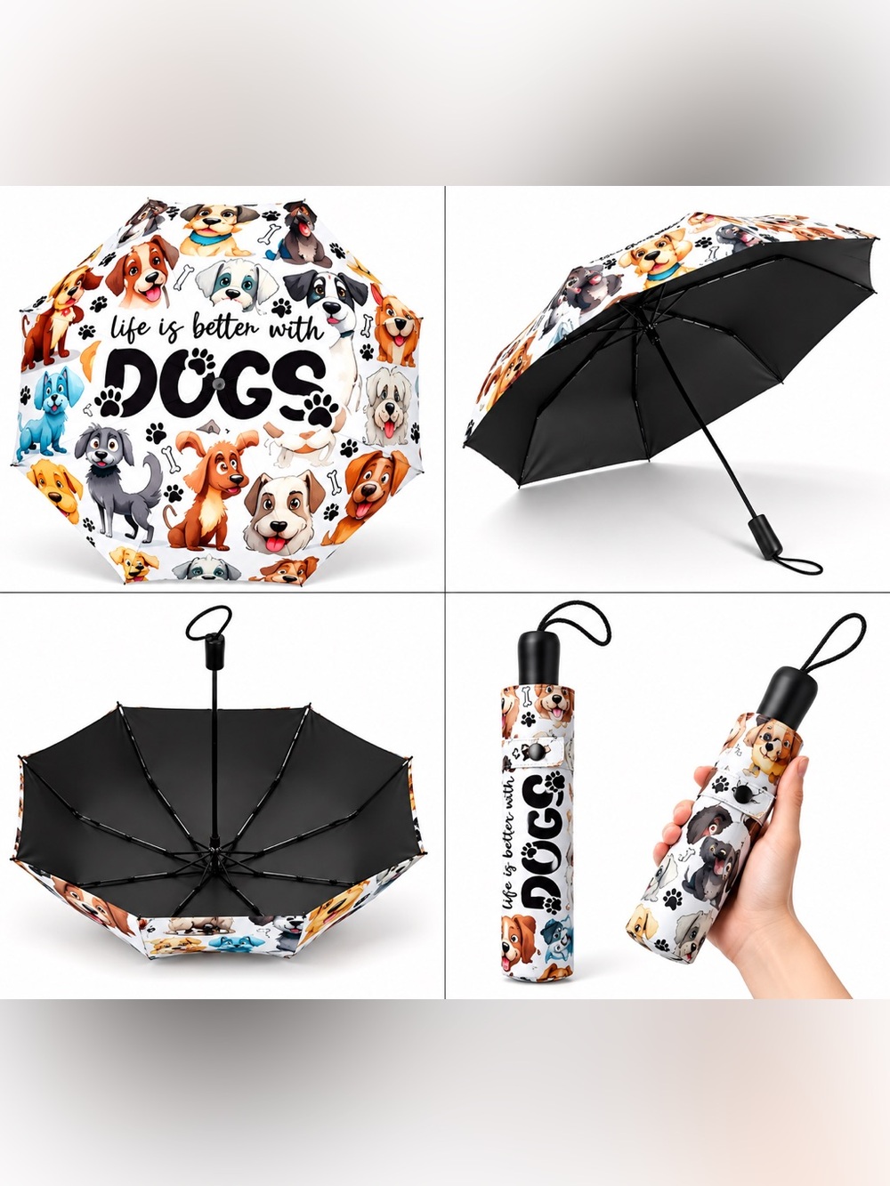 Life Is Better With Dogs Foldable Umbrella - White with Colorful Dog Prints - Picture 4 of 4